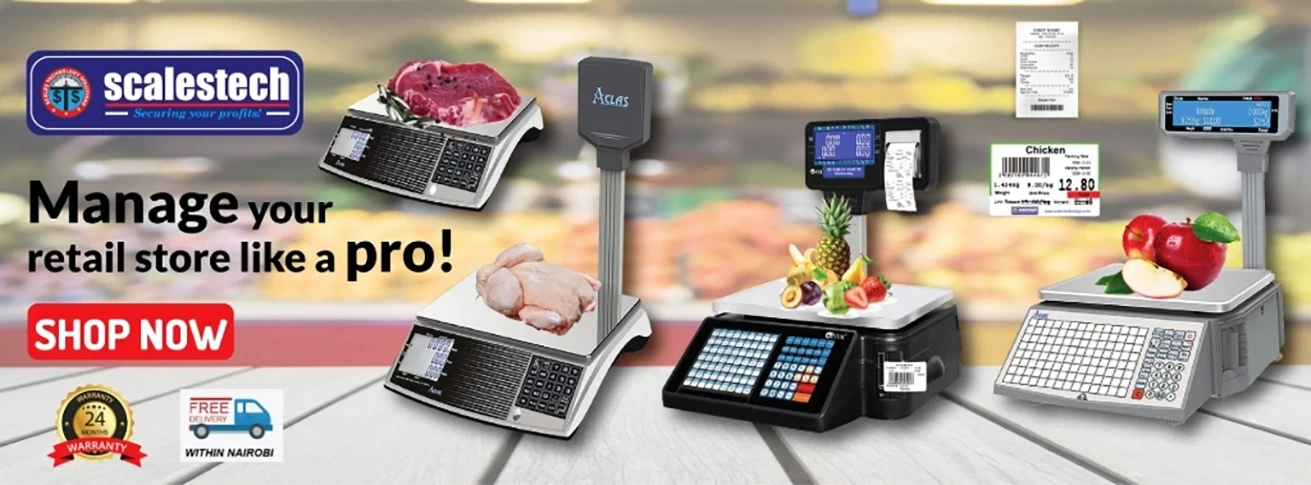 Modern retail weighing scales for supermarkets, butcheries, and shops in Nairobi Kenya, offering accurate pricing, barcode printing, and efficient checkout solutions.