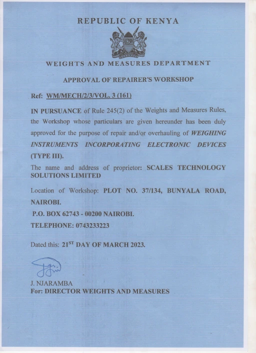 Official Kenya Weights and Measures Department certificate issued to Scales Technology Solutions Ltd, authorising the supply, installation, and calibration of verified weighing scales for trade use in Kenya.