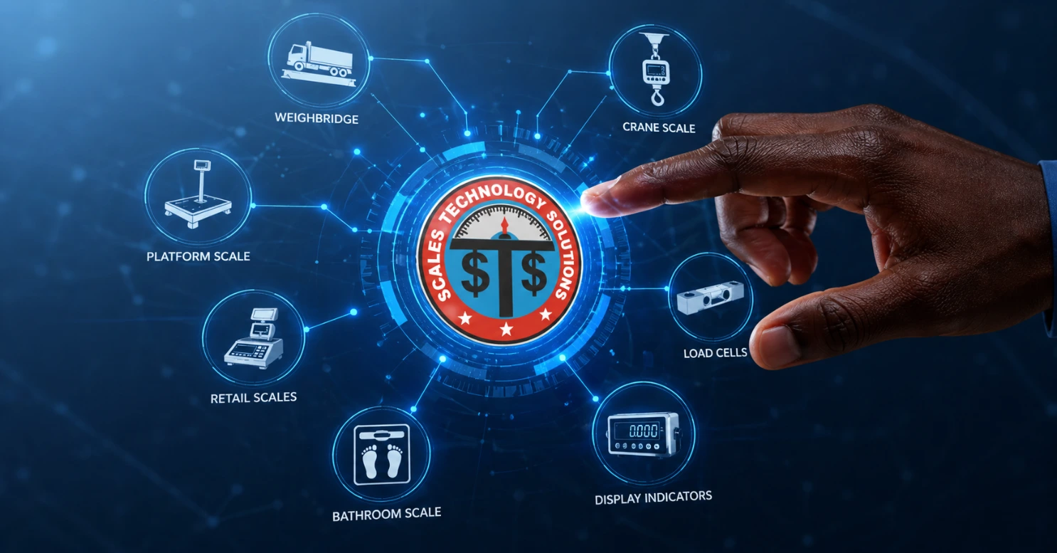 Scalestech brand logo featuring illustrations of our complete product range — including digital weighing scales, weighbridges, POS systems, industrial scales, and business automation solutions. Serving Kenya and East Africa since 2019