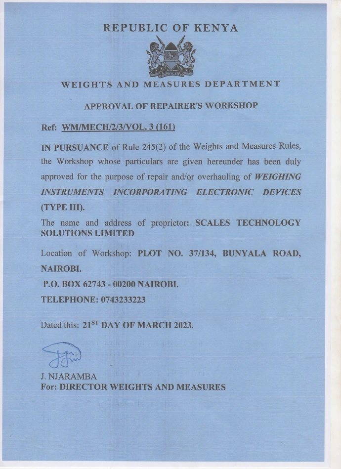 Official Kenya Weights and Measures Department certificate issued to Scales Technology Solutions Ltd, authorising the supply, installation, and calibration of verified weighing scales for trade use in Kenya.