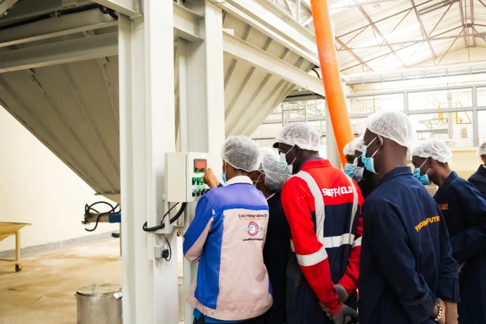 Industrial weighing solution for accurate grain measurement in processing operations.