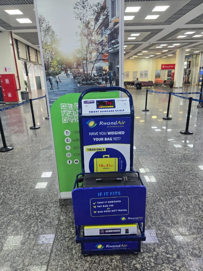 Smart baggage scale with voice guidance at RwandAir check-in counter The Scalestech Smart Baggage Scale deployed at a RwandAir check-in counter