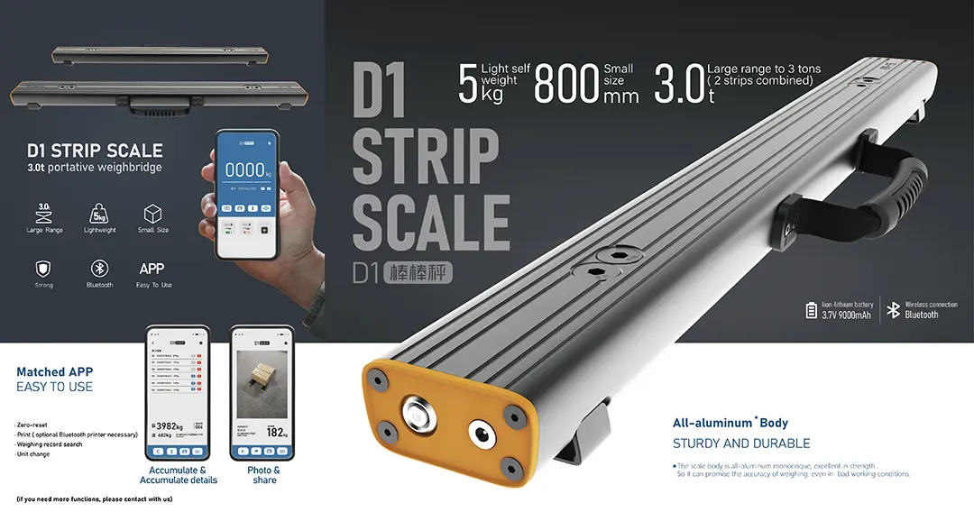 Portable D1 strip scale for weighing long cargo loads in Kenya D1 Bluetooth-enabled strip weighbridge scale in Nairobi, perfect for construction, freight, and oversized goods.