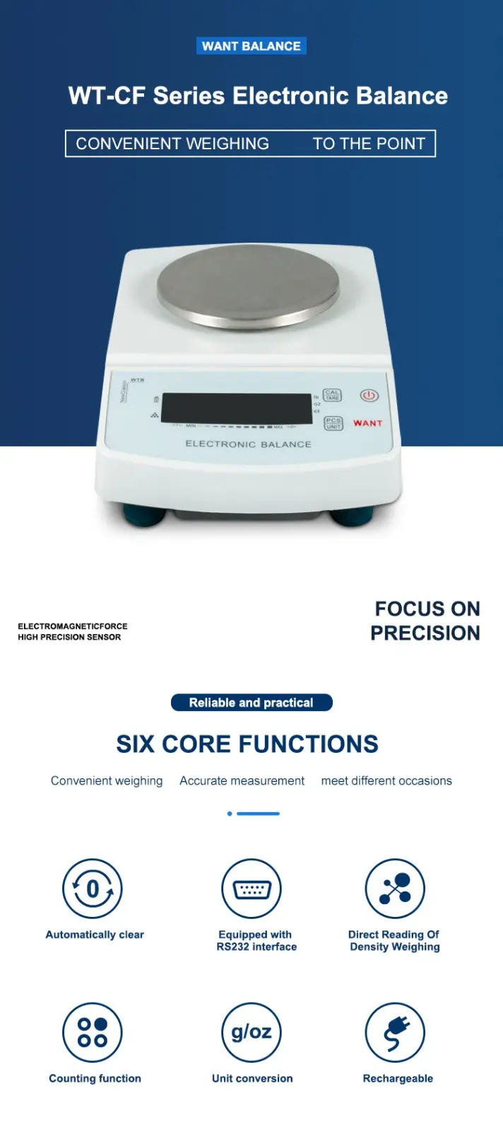  WT-CF scale with density reading and printer connectivity, perfect for labs and chemists.