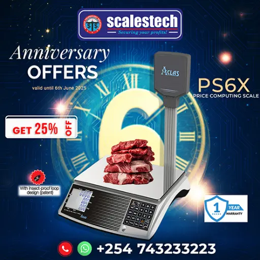 The PS6X is a high-precision digital price computing scale designed for retail shops, butcheries, and market vendors in Kenya. It features a dual LED display showing weight, price per kilogram, and total cost. Popular in Nairobi, Kisumu, Mombasa, Nakuru, and Eldoret, it supports rechargeable battery use and is ideal for mobile or fixed retail setups. Perfect for weighing fruits, vegetables, cereals, and meat.