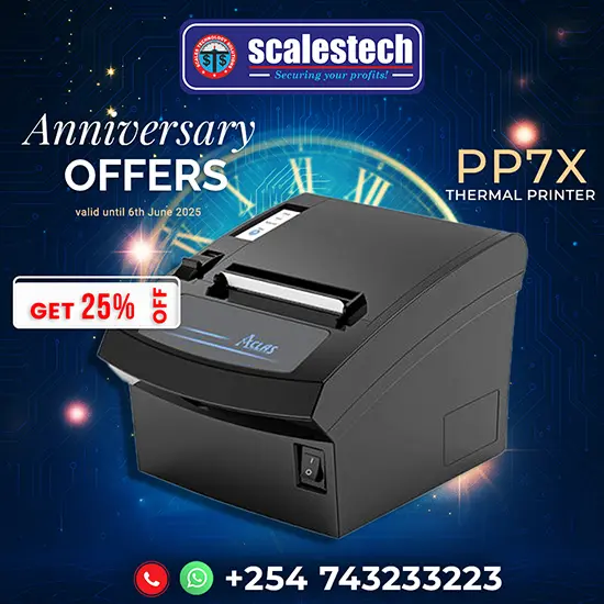 The PP7X thermal printer is a compact, high-speed receipt printing device used with digital weighing scales like the PS6X. Ideal for retail stores, butcheries, supermarkets, and open-air markets in Kenya, it prints clear and durable receipts with item weight, price, and total cost. It's widely used in towns such as Nairobi, Thika, Eldoret, and Mombasa for efficient customer transactions.