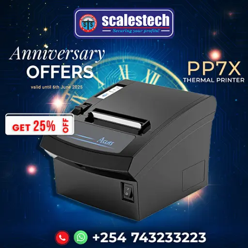 The PP7X thermal printer is a compact, high-speed receipt printing device used with digital weighing scales like the PS6X. Ideal for retail stores, butcheries, supermarkets, and open-air markets in Kenya, it prints clear and durable receipts with item weight, price, and total cost. It's widely used in towns such as Nairobi, Thika, Eldoret, and Mombasa for efficient customer transactions.