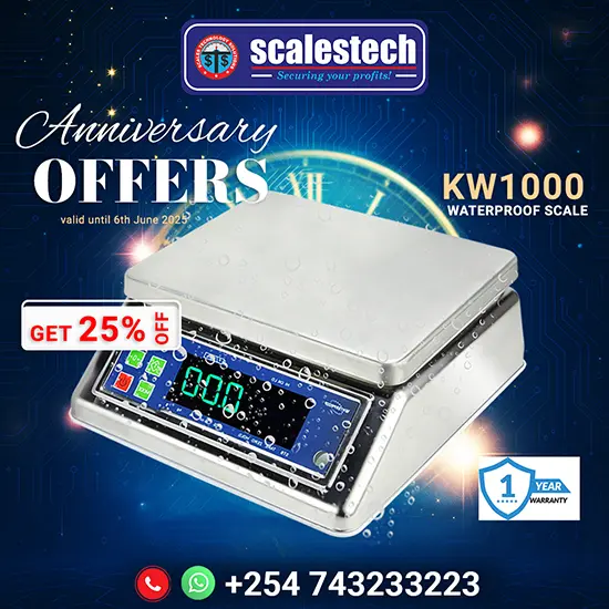 The KW1000 waterproof digital weighing scale is a durable, stainless steel counter-top scale designed for wet and demanding environments in Kenya. Ideal for butcheries, fish markets, meat processing areas, and food handling stations in cities like Nairobi, Mombasa, Kisumu, and Eldoret. Its waterproof housing ensures long-term performance even with regular washing, while the clear LED/LCD display shows accurate weights in real time. Suitable for both commercial and industrial applications where hygiene and durability are critical.