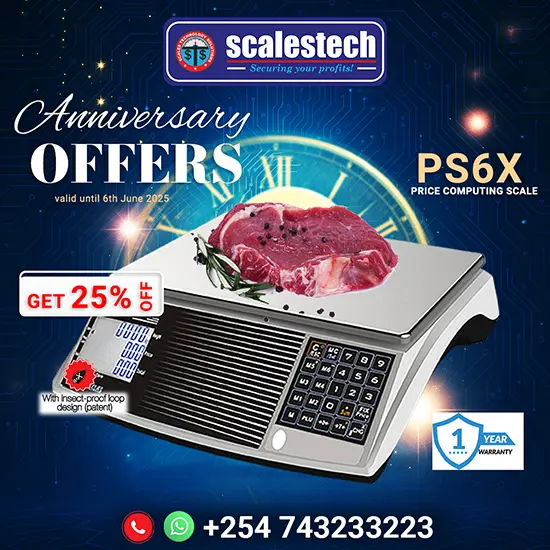 PS6X digital price computing scale tailored for butcheries in Kenya. This scale offers precise meat weighing with real-time display of weight, unit price, and total cost. Its dual-screen visibility makes it ideal for customer-facing counters. Perfect for butcher shops in Nairobi, Kisumu, Mombasa, Nakuru, and Eldoret, the PS6X helps streamline daily meat sales with accuracy, speed, and professional presentation. Rechargeable and easy to clean – a must-have for every modern Kenyan butchery.