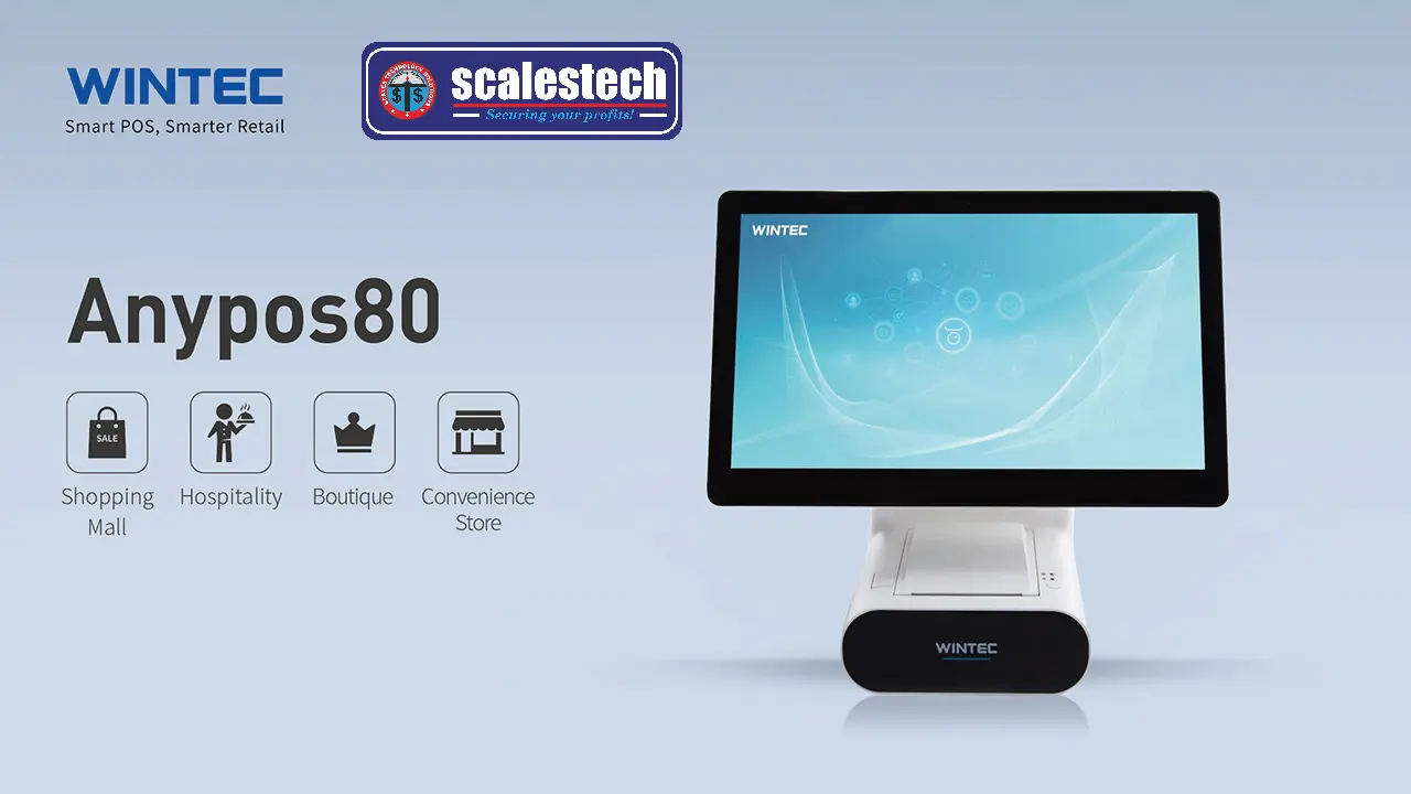 Enhance customer experience with the Wintec AnyPOS80's dual-display setup, perfect for busy Nairobi supermarkets seeking efficient checkout solutions
