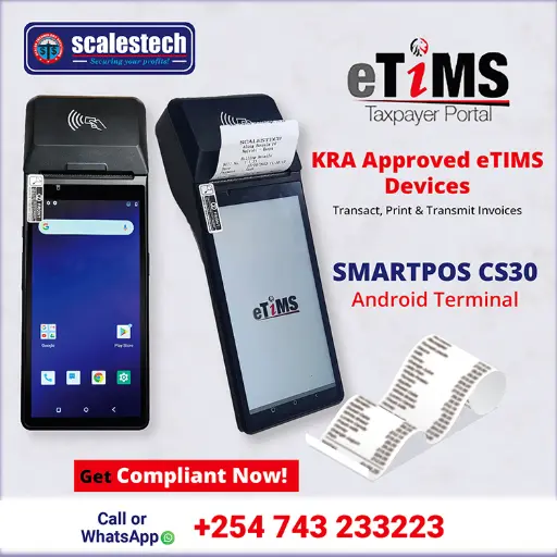 The SmartPOS CS30 displayed at a supermarket checkout counter in Mombasa, printing both receipts and barcode labels. Sleek, efficient, and perfect for high-volume retail environments.
