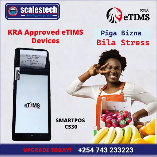 Field sales agent in Kisumu using the CS30 POS terminal with mobile 4G connectivity and optional fingerprint scanner for secure customer verification and eTIMS-compliant invoicing.