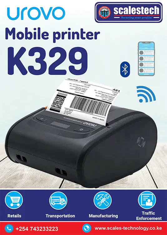 Compact and lightweight K329 direct thermal mobile label printer used in delivery and logistics operations in Nairobi.