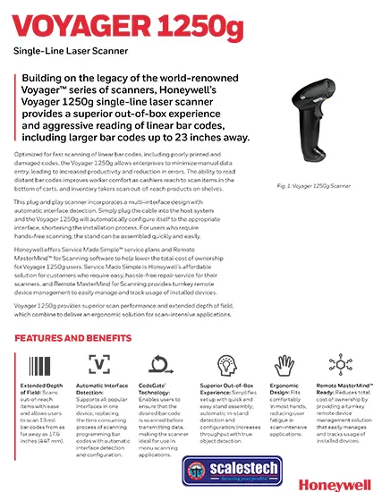 Honeywell Voyager 1250g barcode scanner with ergonomic grip and stand, ideal for supermarket checkout counters in Nairobi and major towns across Kenya. The scanner is shown reading a barcode from a product placed in a shopping cart
