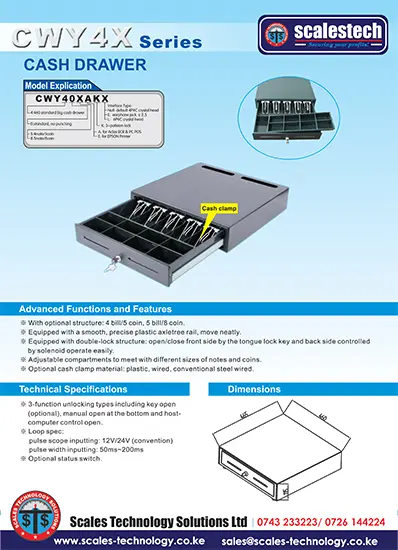 Interior view of the CWY4 drawer with customizable 4-bill/5-coin compartments, perfect for retail shops and M-PESA outlets.