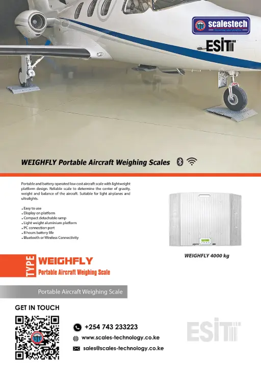 The WEIGHFLY aircraft scale in action, weighing a light airplane on an aluminium platform with wireless data transmission to a laptop. Suitable for aviation operators, airstrips, and flight schools in Nairobi, Eldoret, Kisumu, and across East Africa.