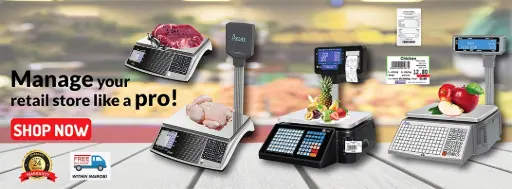 Banner showcasing advanced retail weighing, POS, and label printing solutions for supermarkets and shops across Kenya.