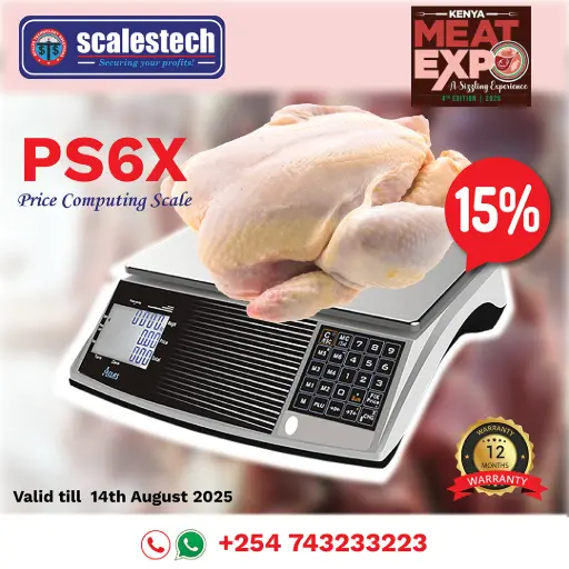 The PS6X is a high-precision digital price computing scale designed for retail shops, butcheries, and market vendors in Kenya. It features a dual LED display showing weight, price per kilogram, and total cost. Popular in Nairobi, Kisumu, Mombasa, Nakuru, and Eldoret, it supports rechargeable battery use and is ideal for mobile or fixed retail setups. Perfect for weighing fruits, vegetables, cereals, and meat.