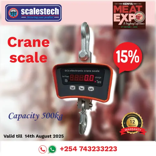 Buy a reliable 500kg digital crane scale in Kenya. Ideal for warehouses, farms & industries. Accurate, durable & portable. Order now from SCALESTECH.