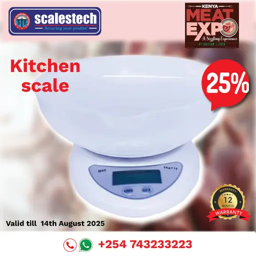 This electronic kitchen scale is a compact and reliable weighing tool for homes, bakeries, and small food businesses in Kenya. With precision up to 1g, it's perfect for measuring ingredients like flour, spices, meat, and liquids. Sleek and easy to clean, it fits well in modern kitchens and is favored by users in Nairobi, Nakuru, Kisii, and Machakos for daily cooking and baking accuracy.
