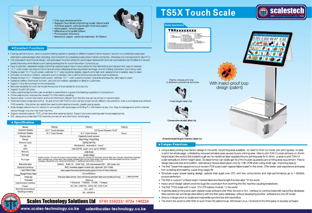 The TS5X Touch Label Printing Scale is designed for modern retail environments, offering precision weighing, intuitive touchscreen operation, and seamless label printing. With its user-friendly interface, high-speed thermal printer, and versatile connectivity options, the TS5X enhances efficiency in supermarkets, grocery stores, delis, and bakeries. Experience accurate weighing, effortless price labeling, and streamlined sales management with this cutting-edge retail scale.