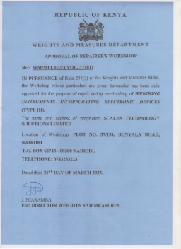 Official Weights and Measures certificate from the Kenyan government, verifying Scalestech's compliance for precise weighing scales and weighbridges in Kenya. Ensure accuracy with our certified solutions at www.scales-technology.co.ke."
