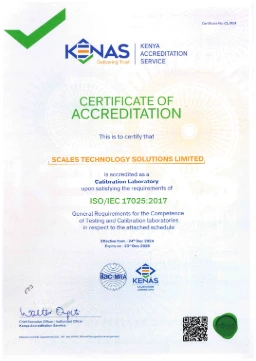 KENAS accreditation certificate confirming Scalestech's adherence to international standards for weighing equipment in Kenya. Partner with us for reliable weighbridges, POS terminals, and industrial scales – visit www.scales-technology.co.ke for details