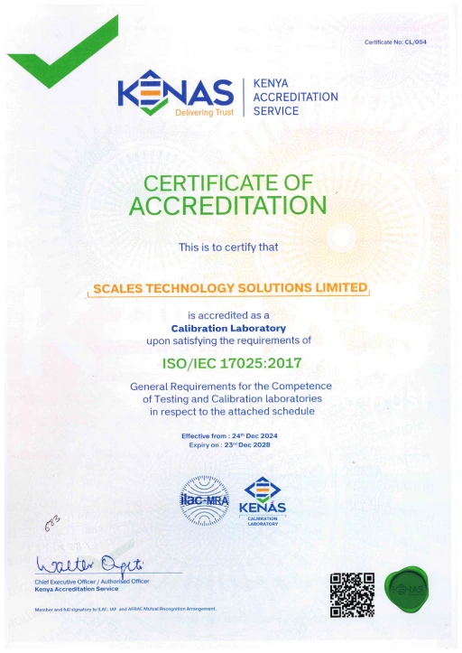 KENAS accreditation certificate confirming Scalestech's adherence to international standards for weighing equipment in Kenya. Partner with us for reliable weighbridges, POS terminals, and industrial scales – visit www.scales-technology.co.ke for details.