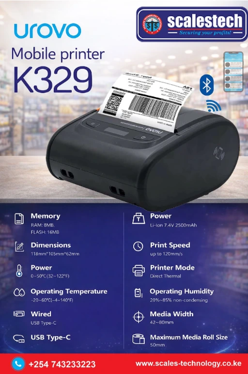 Compact and lightweight K329 direct thermal mobile label printer used in delivery and logistics operations in Nairobi.
